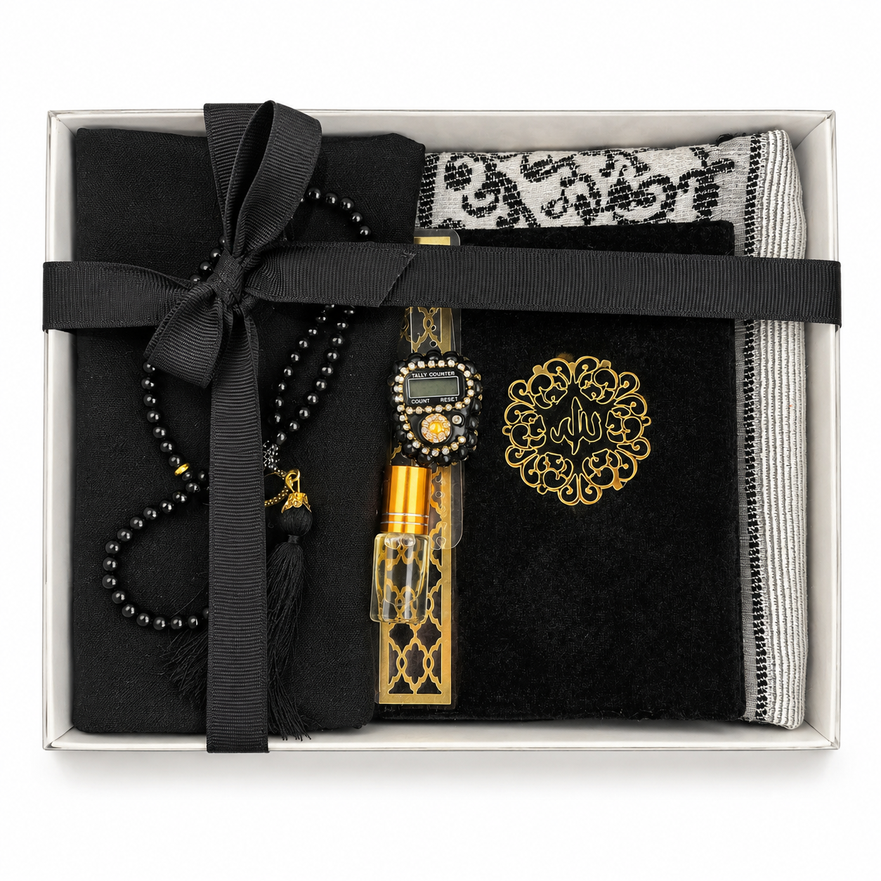 6pcs gift set, Quran, prayer mat, scarp, tasbeeh33 beads, digital tasbeeh, attar,