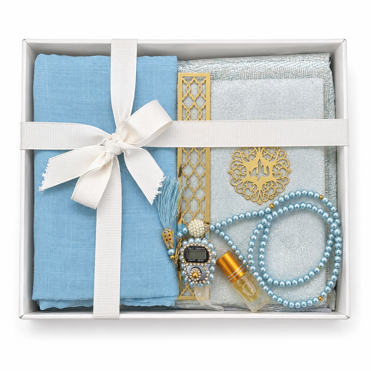 6pcs gift set, Quran, prayer mat, scarp, tasbeeh33 beads, digital tasbeeh, attar,