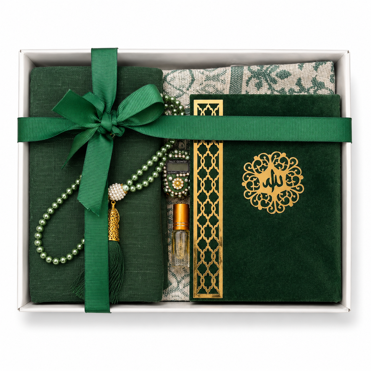 6pcs gift set, Quran, prayer mat, scarp, tasbeeh33 beads, digital tasbeeh, attar,