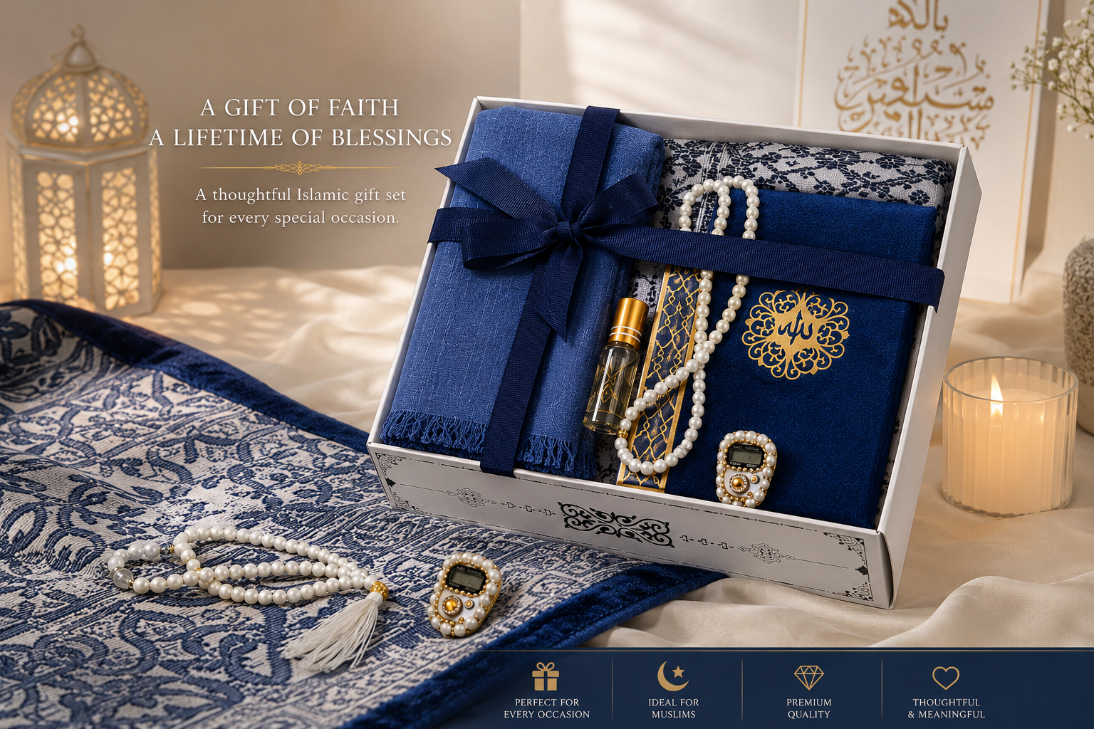 6pcs gift set, Quran, prayer mat, scarp, tasbeeh33 beads, digital tasbeeh, attar,