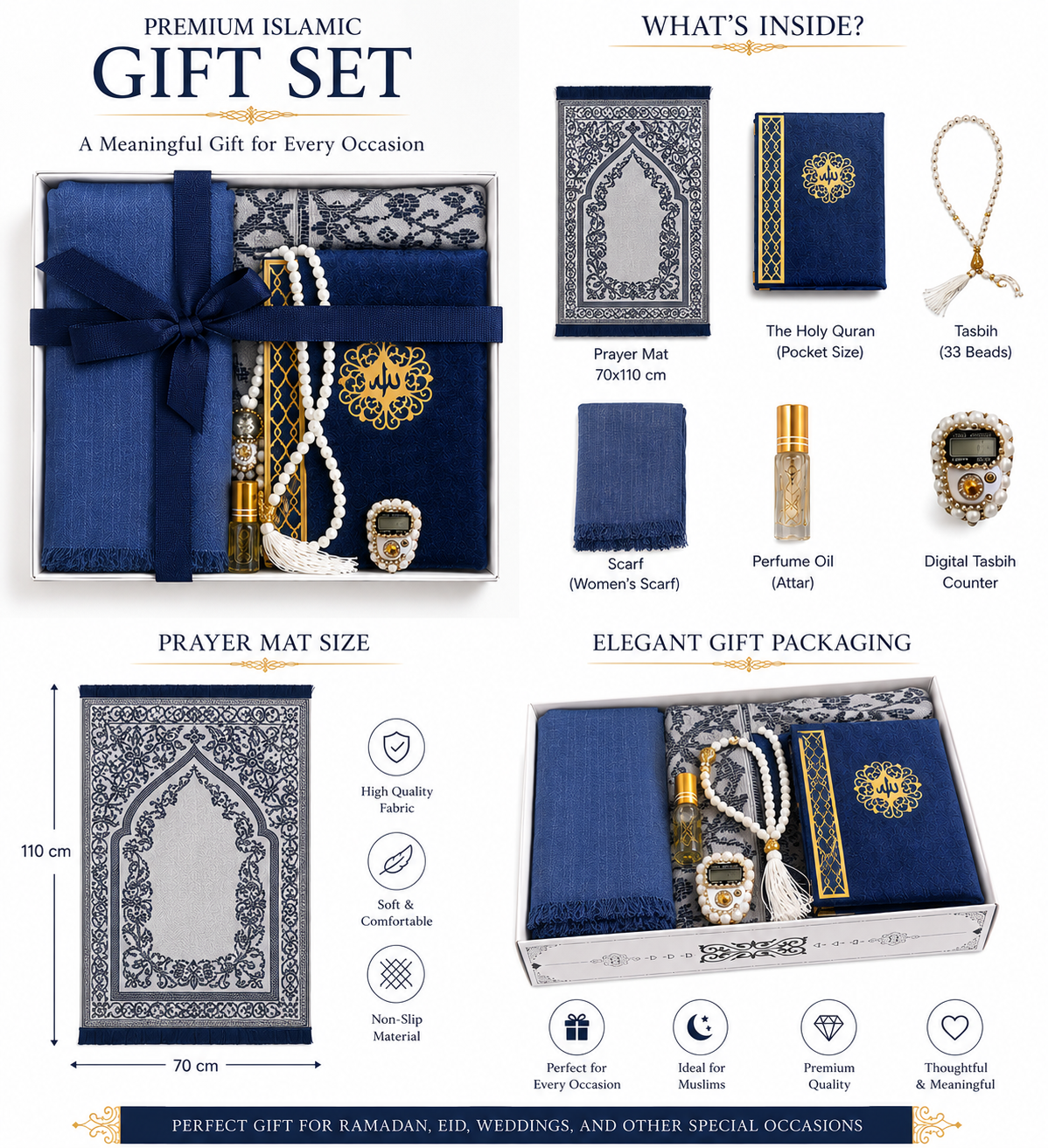 6pcs gift set, Quran, prayer mat, scarp, tasbeeh33 beads, digital tasbeeh, attar,