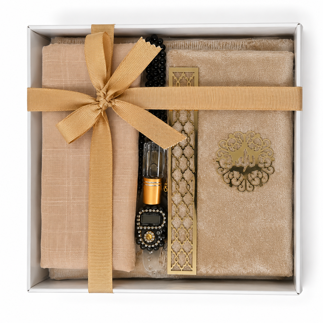 6pcs gift set, Quran, prayer mat, scarp, tasbeeh33 beads, digital tasbeeh, attar,